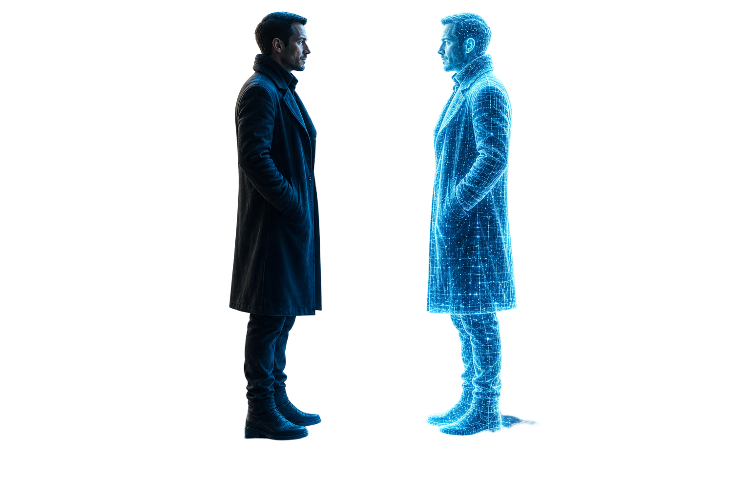 A human standing face to face with their luminous full-body digital twin
