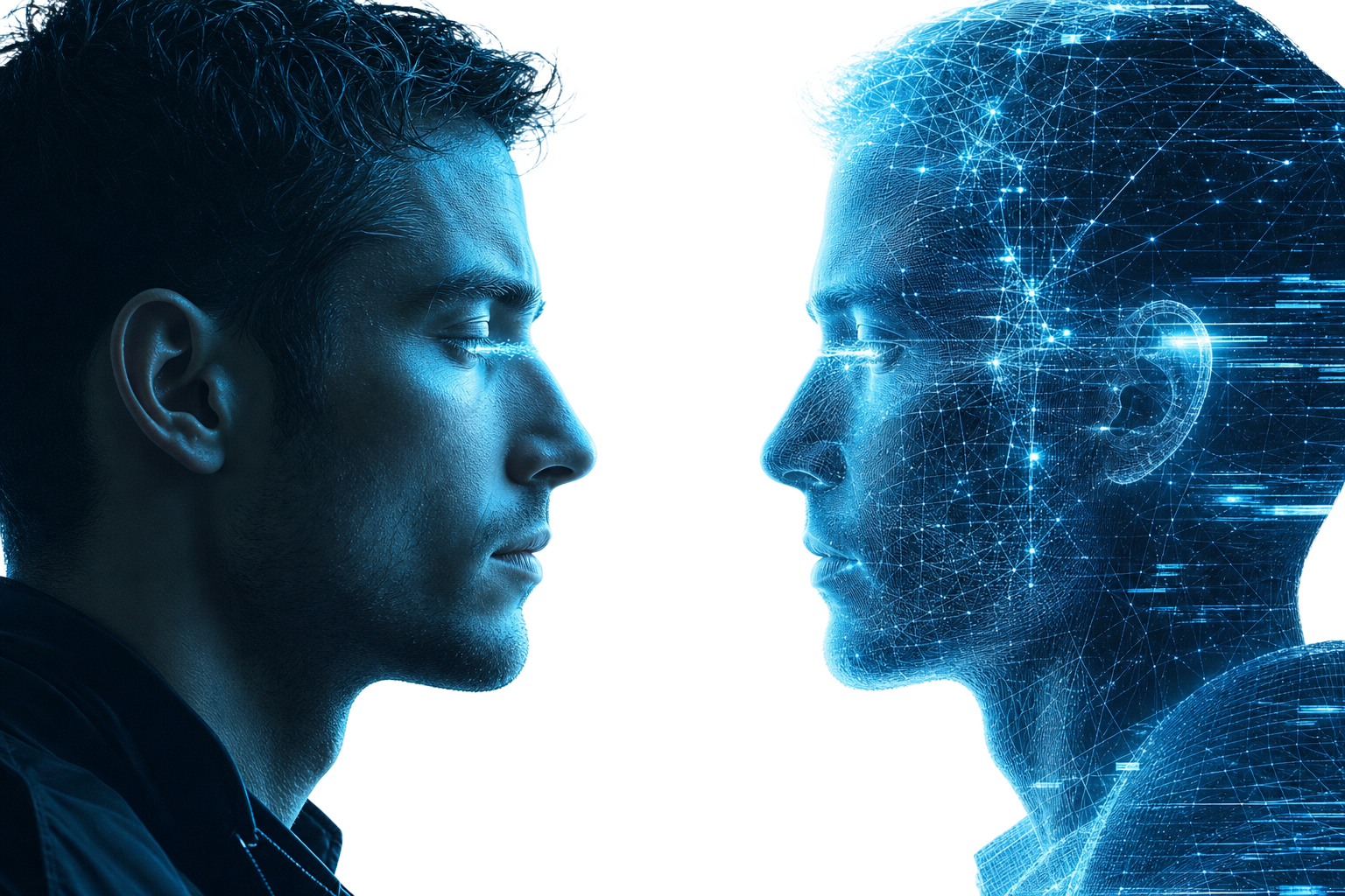 A human face to face with their luminous digital twin, connected by a bridge of light